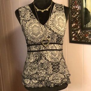 Black & Silver Nylon V-Neck Tank Top w/dbl ruffle